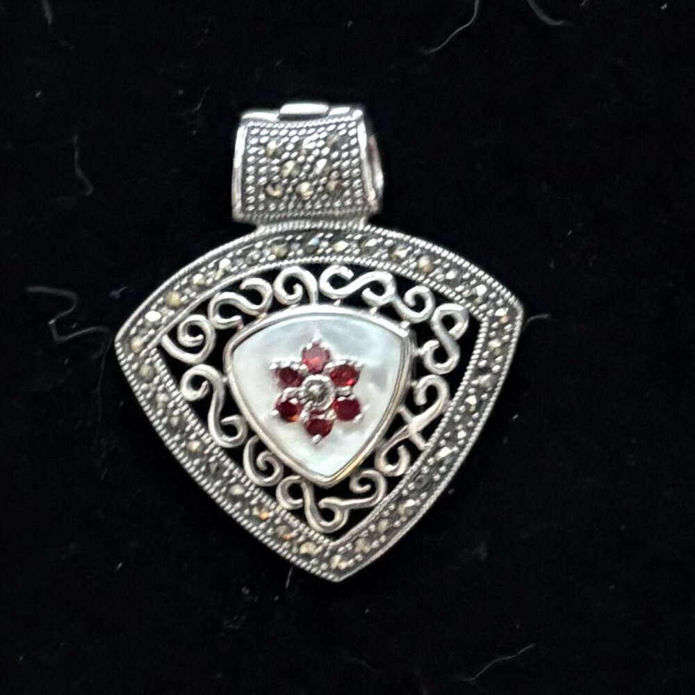 Vintage Sterling Silver 925 Mother-of-Pearl Byzantine Filigree Pendant -No Chain
